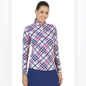 IBKUL Mock Neck Long Sleeve Zip Top Shirt UPF50 Pink Blue Equestrian Top